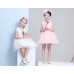GI1349 ชุดเดรสเด็กผู้หญิงออกงาน แขนกุด ผ้าลูกไม้ช่วงบน สีโอรส (2ชิ้น) S.120