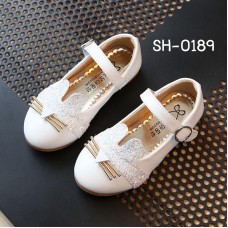 SH0189 รองเท้าพื้นยางเด็กผู้หญิง หัวแมวเหมี่ยวกากเพชร สายคาดสีขาว (มีกล่อง) No.27