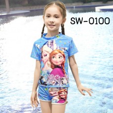 SW0100 ชุดว่ายน้ำเด็กผู้หญิง แบบเสื้อและกางเกงแขนขาสั้น ลาย Frozen สีฟ้า (2ชิ้น) S.140