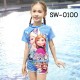 SW0100 ชุดว่ายน้ำเด็กผู้หญิง แบบเสื้อและกางเกงแขนขาสั้น ลาย Frozen สีฟ้า (2ชิ้น) S.140