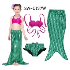 SW0137W ชุดว่ายน้ำนางเงือก เด็กผู้หญิง ทูพีชเปลือกหอยสีชมพู กกน.และครีบ สีเขียว (3ชิ้น) 