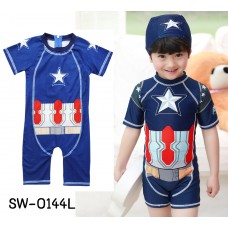 SW0144L ชุดว่ายน้ำเด็กผู้ชาย แบบบอดี้สูท พร้อมหมวก ลายซุปเปอร์ฮีโร่ กัปตันอเมริกา (2ชิ้น) S.110/120