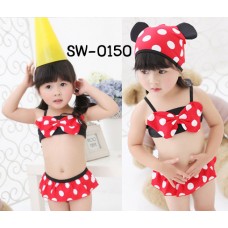 SW0150 ชุดว่ายน้ำเด็กผู้หญิงแบบทูพีช พร้อมหมวกว่ายน้ำหูมินนี่เมาส์ (3ชิ้น) S.90