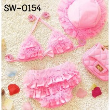SW0154 ชุดว่ายน้ำเด็กผู้หญิงแบบทูพีช พร้อมหมวกว่ายน้ำ สีชมพูหวาน (3ชิ้น) S.80