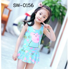 SW0156 ชุดว่ายน้ำเด็กผู้หญิง แขนกุดแบบบอดี้สูท กระโปรงเย็บติดลาย Peppa Pig สีฟ้า (ไม่มีหมวก) 