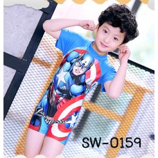 SW0159 ชุดว่ายน้ำเด็กผู้ชาย แบบบอดี้สูท ลายซุปเปอร์ฮีโร่ กัปตันอเมริกา พร้อมหมวก (2ชิ้น) S.110/120