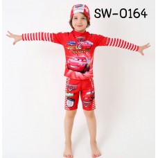 SW0164 ชุดว่ายน้ำเด็กผู้ชาย แบบเสื้อแขนยาว กางเกงขาสามส่วน พร้อมหมวก ลายคาร์ Cars  (3ชิ้น) 