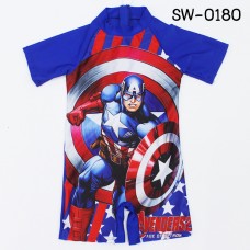 SW0180 ชุดว่ายน้ำเด็กผู้ชาย แบบบอดี้สูท แขนขาสั้น ลายซุปเปอร์ฮีโร่ กัปตันอเมริกา S.140