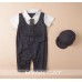 BS0549 ชุดบอดี้สูทเด็กผู้ชาย ออกงาน เสื้อกั๊กคอปกแขนสั้นติดเนคไท (ถอดออกได้) พร้อมหมวก สีกรมท่าเข้มจนดำ (3ชิ้น) 