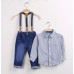 BO0194F เสื้อเชิ๊ตแขนยาวคอปกลายทาง+กางเกงยีนส์+สายเอี๊ยม S.90 (3ชิ้น)
