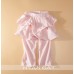 GI0625 ชุดเด็กผู้หญิง เสื้อคอกลม แขนสั้น ลายดอก สีขาว+ กางเกงกระโปรงขอบย้วย ขา 3 ส่วน สีชมพู (2ชิ้น) S.90