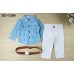 BO0184 ชุดเด็กผู้ชาย เสื้อเชิ๊ตคอปก แขนยาว ลายตารางสีฟ้าขาว + กางเกงขายาวสีขาว + เข็มขัด (3ชิ้น)