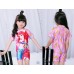 SW0161 ชุดว่ายน้ำเด็กผู้หญิง แบบบอดี้สูท แขนขาสั้น ลายนางเงือกแอเรียล พร้อมหมวกว่ายน้ำ สีชมพู (2ชิ้น) S.110/130