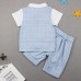BO0433 ชุดเด็กผู้ชายออกงานแขนสั้น ติดหูกระต่ายสีน้ำเงินลายจุด + กางเกงขาสั้น สีฟ้า (2ชิ้น)