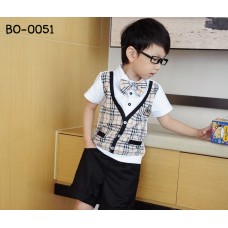 bo0051 เสื้อแขนสั้นเด็กผู้ชายออกงาน ลายสก๊อต ติดหูกระต่ายสีเบจ (ถอดออกได้) กางเกงขาสั้นสีดำ (3ชิ้น) แขนเสื้อสีขาว