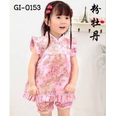 GI0153 ชุดจีนสาวหมวยกี่เพ้า + กางเกงขาจั๊ม ลายโบตั๋นสีชมพูอ่อน ฉลองตรุษจีน (2ชิ้น)
