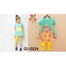 GI0224 เสื้อเด็กผู้หญิง คอกลมแขนสั้นหน้ากระต่าย + เล็คกิ้งขา 3 ส่วนสีเหลือง (2ชิ้น) สีเขียว S.80