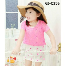 GI0258 เดรสเด็กผู้หญิงแขนกุดลายดาว + เสื้อผ้าลูกไม้แขนสั้นเอวลอย สีชมพู (2ชิ้น) S.100/110