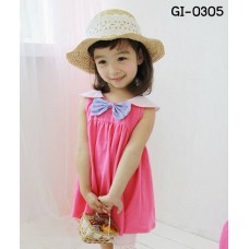 GI0305 เดรสเด็กผู้หญิง ติดโบว์สีน้ำเงินจุดขาว แขนกุดคอบัว สีชมพู S.120/130