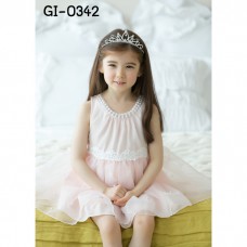 GI0342 เดรสเด็กผู้หญิงออกงาน แขนกุด แต่งไข่มุกรอบคอ และลูกไม้ที่เอว สีโอรส S.100