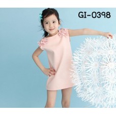 GI0398 เดรสเด็กผู้หญิงแขนกุด แต่งระบายที่ไหล่ สีชมพู 