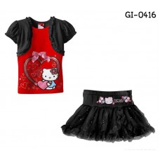 GI0416 ชุดเด็กผู้หญิง เสื้อคลุมแขนสั้นเย็บติด ลายคิตตี้ + กระโปรงฟูฟ่อง สีดำ (2ชิ้น) S.90