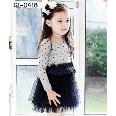 GI0418 เดรสเด็กผู้หญิง แขนยาวสีเทา ลายจุดดำ กระโปรงฟูฟ่องสีกรมท่า 