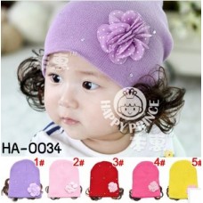 HA0034 หมวกคลุมผมสาวน้อยติดปอยผม แต่งดอกไม้และเพชร มี 5 สี