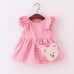 GI1333 เดรสสั้นเด็กผู้หญิง แขนระบายแต่งไข่มุก สีชมพู พร้อมสายสะพายหมี (2ชิ้น) S.120