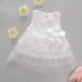 GI0467 เดรสสั้นเด็กผู้หญิง ออกงาน แขนกุด ช่วงบนแต่งผ้าลูกไม้ ติดโบว์ กระโปรงผ้าชีฟอง สีขาว 