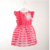 GI0616 เดรสเด็กผู้หญิง แขนระบาย แต่งดอกไม้ที่อก สีขาว กระโปรงลายขวางผ้าแก้ว สีชมพู S.100/120