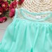 GI1130 เดรสสั้นเด็กผู้หญิง แขนกุดผาชีฟอง แต่งดอกไม้ที่อก สีเขียว (2ชิ้น)
