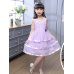 GI1164 ชุดราตรีเด็กผู้หญิงใส่ออกงาน แขนกุด ช่วงบนแต่งไข่มุกและเพชร ติดดอกไม้ที่เอว สีม่วง S.120