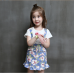 GI1395 ชุดเอี๊ยมเด็กผู้หญิงสุดคุ้ม เสื้อแขนสั้นสีขาวลายแตงโม และเอี๊ยมกระโปรงยีนส์ลายดอกขอบระบาย (4ชิ้น)
