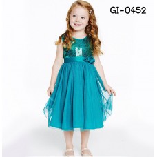 GI0452 เดรสเด็กผู้หญิงออกงาน แขนกุด ปักเลื่อม แต่งกุหลาบ สีฟ้า S.100/110