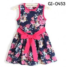 GI0453 เดรสเด็กผู้หญิง แขนกุด ผ้าฝ้าย ลายดอก สีกรมท่า 