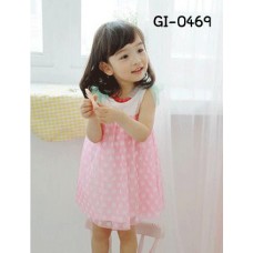 GI0469 เดรสเด็กผู้หญิง แขนกุด แต่งโบว์ที่ไหล่สีเขียวทั้ง 2 ด้าน กระโปรงลายจุด สีชมพู S.100/110