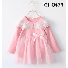 GI0479 เดรสเด็กผู้หญิง แขนยาว แต่งลูกไม้ช่วงบน ติดโบว์และไข่มุก สีชมพู