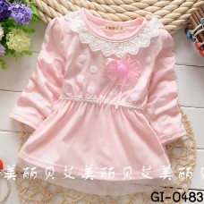 GI0483 เดรสสั้นเด็กผู้หญิง คอกลมแต่งลูกไม้ระบายรอบคอ แขนยาว ลายจุด สีชมพู S.80/90