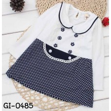 GI0485 เดรสสั้นเด็กผู้หญิง คอบัว แต่งกระดุมคู่ กระโปรงลายจุดสีน้ำเงิน แขนยาว สีขาว S.70