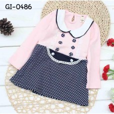 GI0486 เดรสสั้นเด็กผู้หญิง คอบัว แต่งกระดุมคู่ กระโปรงลายจุดสีน้ำเงิน แขนยาว สีชมพู S.70/90