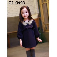 GI0493 เดรสเด็กผู้หญิง คอบัวปักเลื่อม ระบายช่วงอก แขนยาว สีกรมท่า S.120