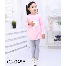 GI0495 ชุดเด็กผู้หญิง เสื้อคอกลมแขนยาว แต่งหัวใจสีขาว + กางเกงขายาว สีเทา + ผ้าคาดผม สีชมพู (3ชิ้น) S.100