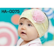 HA0075 ผ้าคาดผมสาวน้อย แต่งดอกกุหลาบรูปวงกลม และเพชร ผ้าลูกไม้ผืนใหญ่ สีชมพู